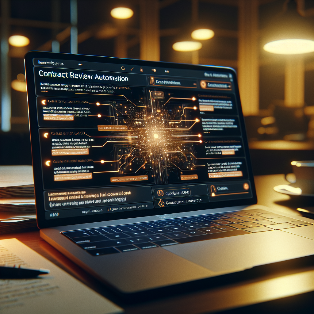 A close-up view of a laptop screen displaying contract review automation software interface with highlighted legal clauses and AI analysis annotations, modern office desk setting with documents and a coffee cup, warm ambient lighting, shallow depth of field focusing on the screen, professional business atmosphere