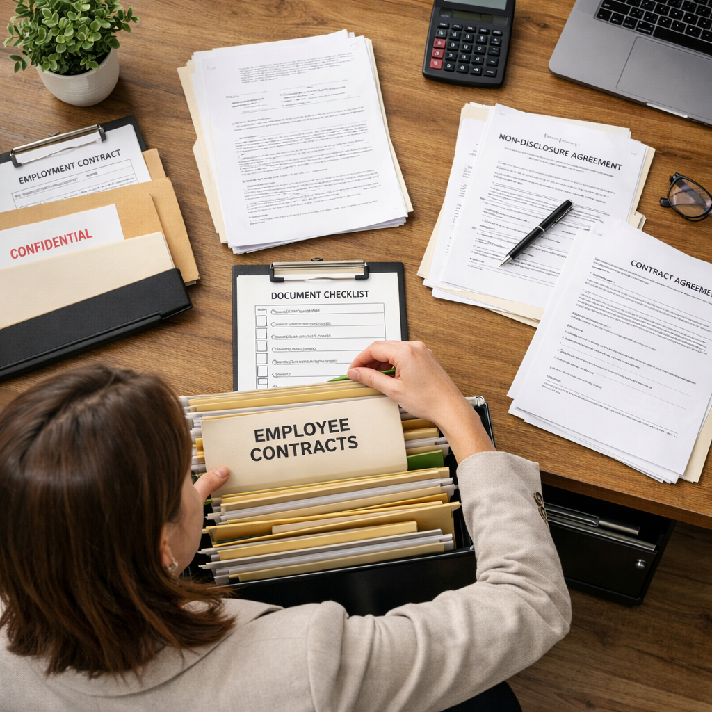 HR manager organizing employee contract files in organized filing system, well-lit contemporary office environment, contracts and legal documents visible on desk with checklist, overhead view showing systematic document management